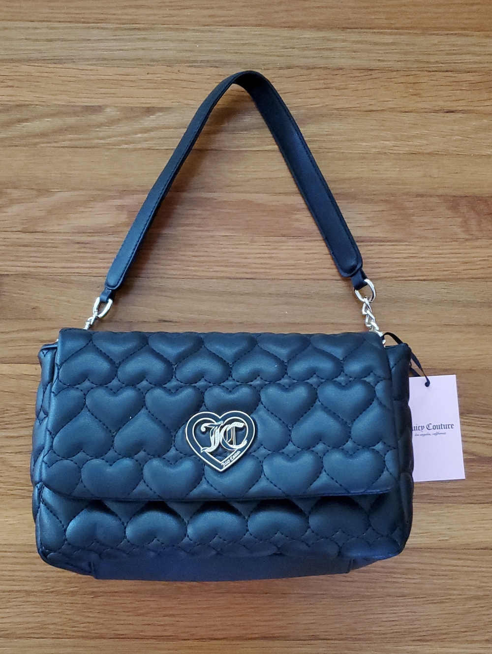 Juicy Couture Black Quilted Heart-Accent Shoulder Bag with Logo